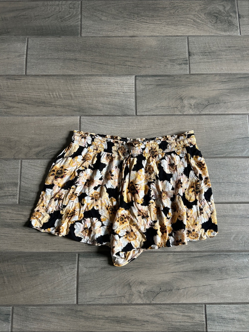 Maurices Black Floral Smocked-Waist Women's Shorts - Yellow & Cream